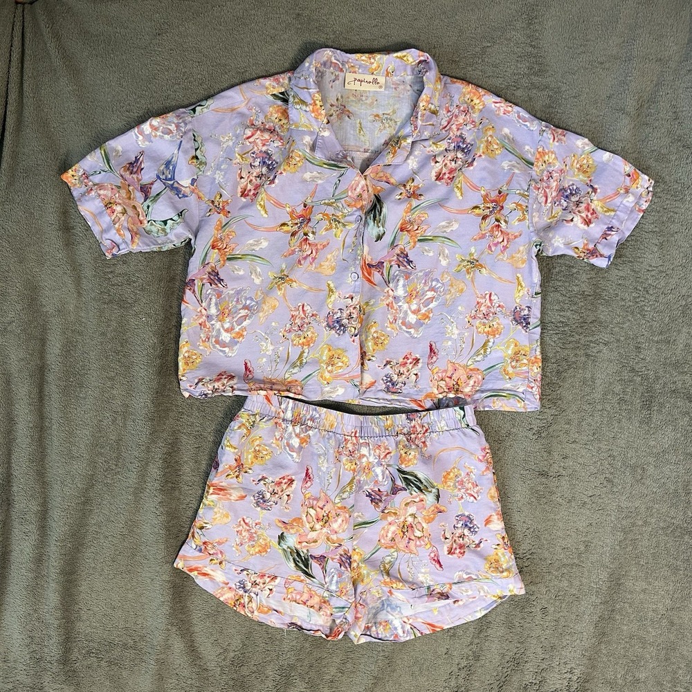 Papinelle Silk Blend Set Lightweight Lavender Floral Button Up Pajamas Small